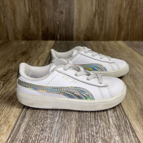 Puma Infant Youth Size 9C Classic White Silver Leather 381499-01 Sneaker Shoes - Picture 1 of 11